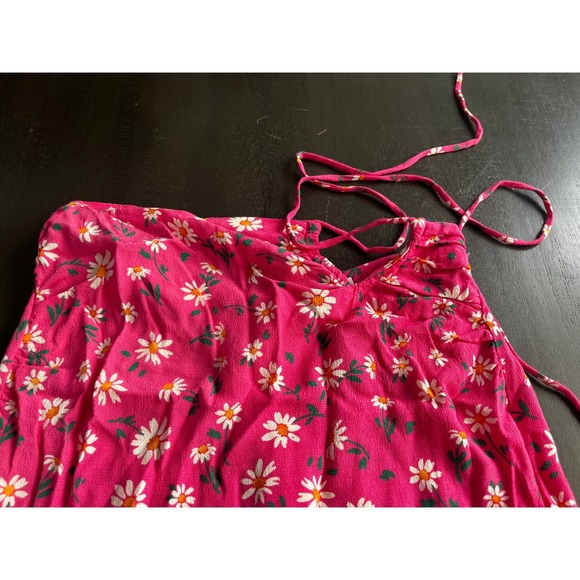 Stradivarius Pink Daisy Floral Midi Skirt Side Slit Lace Up Back Size US 2 - Picture 5 of 6